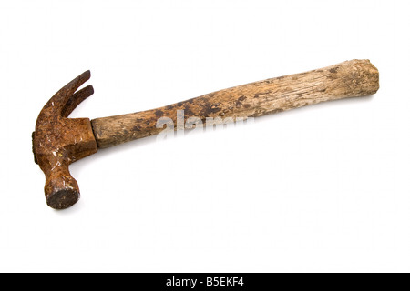 old, battered and rusty old claw hammer isolated on white background with clipping path Stock Photo