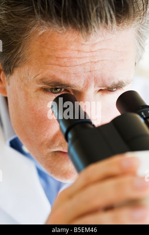 scientist looking through microscope Stock Photo