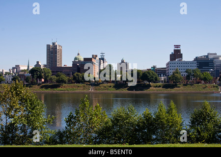 View of Harrisburg, Pennsylvania and the Susquehanna River from the west shore of the river. The Capitol is in the background. Stock Photo