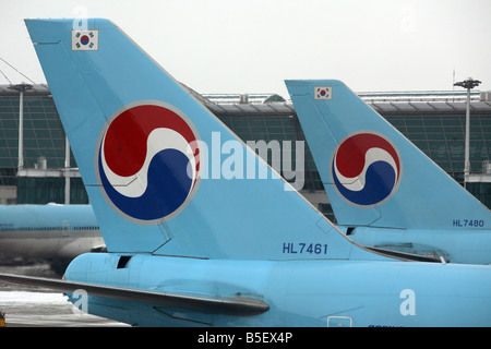 Plane tails with logos of Korean Air Airlines, Seoul, South Korea Stock Photo