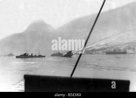 British Royal Navy ships HMS Cossack and HMS Forester (left) with a German transport ship sunk during an attack by the Second Destroyer flotilla at the Battle of Narvik in Norway during the Second World War ;April 1940 ; Stock Photo