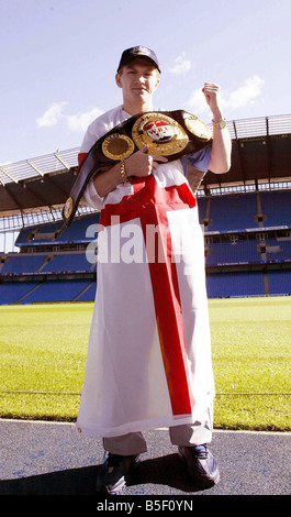 Ricky Hatton seen here hold his WBU title belt which he will defend in his title fight against Aldo Rios in Manchester September 2003 Stock Photo