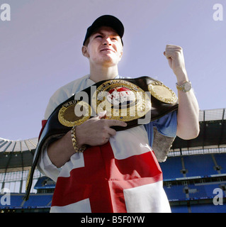 Ricky Hatton seen here hold his WBU title belt which he will defend in his title fight against Aldo Rios in Manchester September 2003 Stock Photo