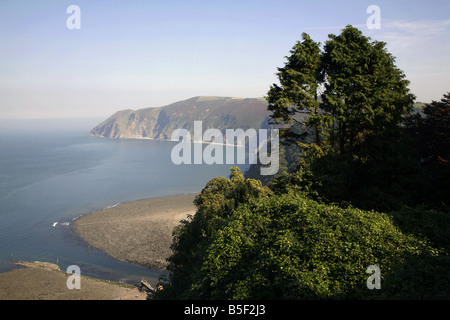 View of the north Devon coast from near top station of the cliff railway which runs between Lynton and Lynmouth Stock Photo