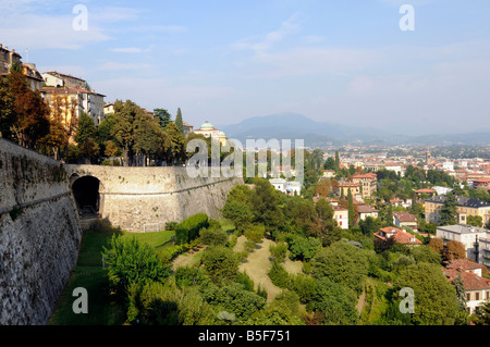 View of the fortified old town of Bergamo, surrounded by its city walls, in northern Italy. Stock Photo