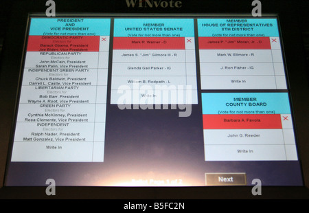 USA 2008 Presidential Electronic Voting Machine in Arlington, Virginia, USA - Showing names of Barack Obama and Joe Biden. Stock Photo