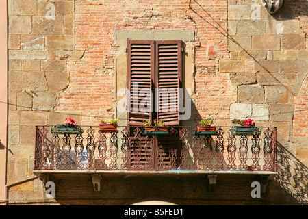 Detail of wrought iron balcony with louvre doors and flowerpots on old brick and stone building in Pisa, Italy. Stock Photo