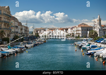 Sailing boats and cruisers moored at the Quai de la Marine at Sete, Languedoc Roussillon, France. Stock Photo