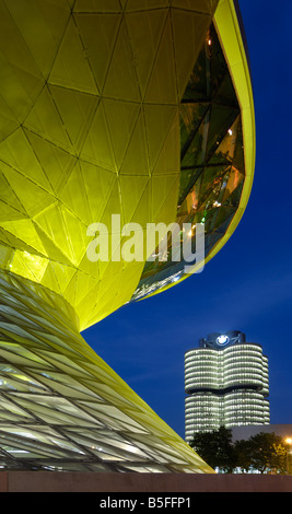 BMW Welt and Headquarters illuminated at night, Munich, Munchen, Bavaria, German Stock Photo