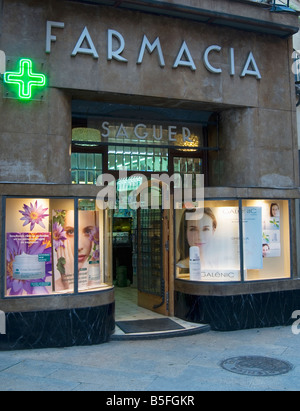 Front window of pharmacy In Girona, Catalunya, Spain Stock Photo