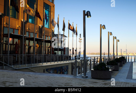 A morning view of the Washington DC area's new National Harbor on the Potomac with the Woodrow Wilson Bridge in the background. Stock Photo