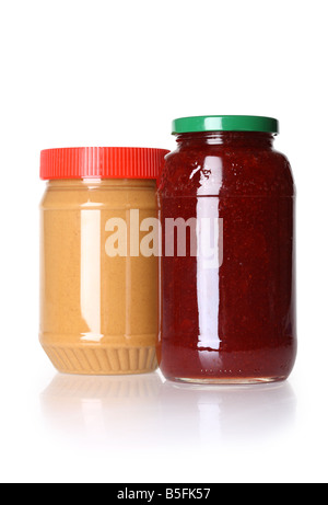 Jars of peanut butter and jelly cutout on white background Stock Photo