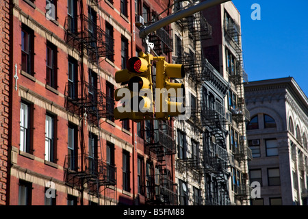 traffic lights and fire escapes soho, new york,new york, usa. Stock Photo