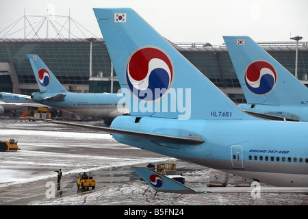 Plane tails with logos of Korean Air Airlines, Seoul, South Korea Stock Photo