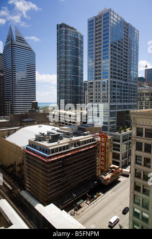 A view of downtown Chicago with the Chicago Theatre below Stock Photo