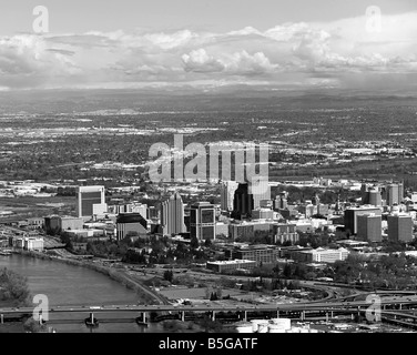 aerial view above downtown Sacramento and the Sacramento river Stock Photo