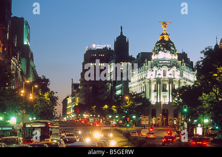 Spain - Madrid - Gran Via - a showcase of early 20th century architecture - bustling - evening Stock Photo