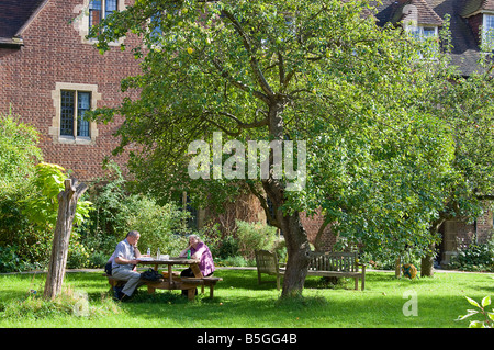 Three people relaxing in the shade of an apple tree in the grounds of Wescott House. Stock Photo