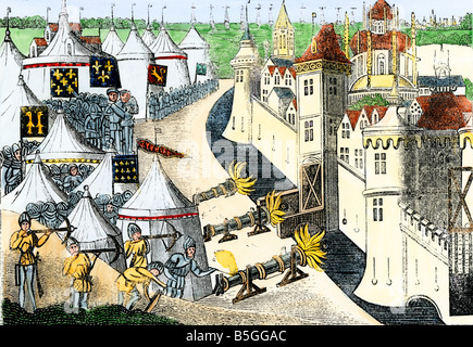 Siege of a town in France during the Hundred Years War. Hand-colored woodcut Stock Photo