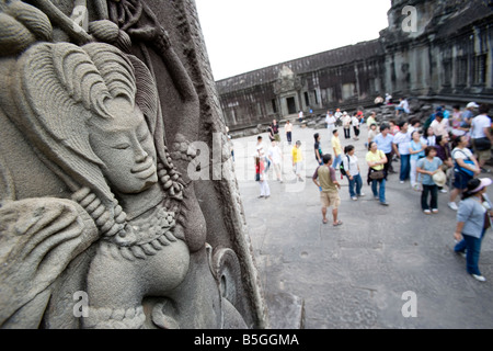 Relief carvings of Apsara on the walls of the Angkor Wat Temples Siem Reap Cambodia Stock Photo