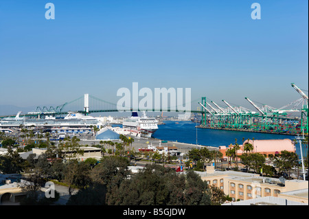 View over the Port of Los Angeles with two cruise ships docked at the terminal, San Pedro, Los Angeles, California, USA Stock Photo