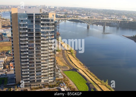 The Willamette River in Portland Oregon shot from 260 feet above the ground on a construction crane. Stock Photo