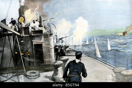 US Navy cruiser St. Paul shelling Spanish destroyer Terror off San Juan Puerto Rico 1898. Hand-colored halftone of an illustration Stock Photo
