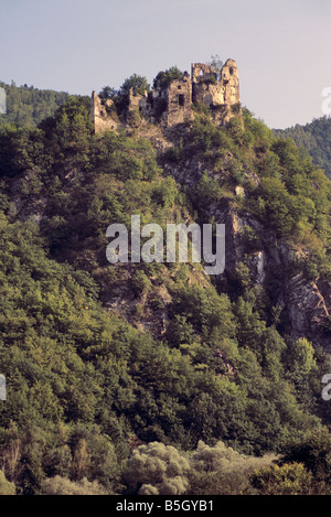 Strecno Castle ruins on hill over village of Strecno near town of Zilina in Vah River Valley Slovakia Stock Photo