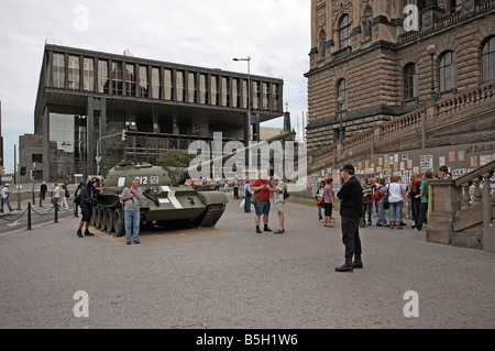 Prague the Czech Radio building and soviet tank by Wenceslas Square National Museum Stock Photo