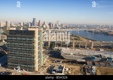 The Willamette River in Portland Oregon shot from 260 feet above the ground on a construction crane. Stock Photo