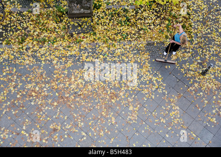 Woman brushing away fallen leaves in autumn Stock Photo