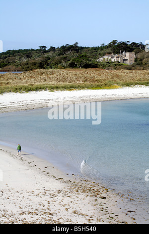 View of Tresco, Scilly Isles, showing Tresco Abbey home of the Dorrien Smith family and the beach of Pentle Bay. Stock Photo