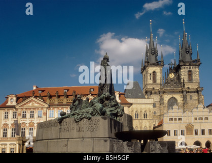 Jan Hus Monument and Tyn Church at Old Town Square in Prague Czech Republic Stock Photo