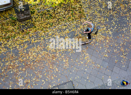 Woman brushing away fallen leaves in autumn Stock Photo