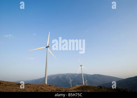 Wind turbines that produce clean sustainable energy in the Sierra Nevada mountain range of Andalusia in southern Spain Stock Photo