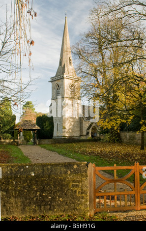 St Marys Church Lower Slaughter in the Cotswolds on a sunny autumn day in early November Stock Photo