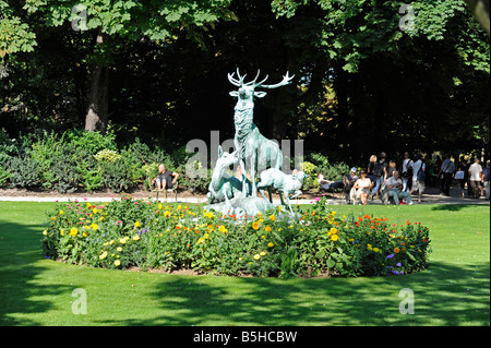 Sculpture in Luxembourg garden Paris France, Harde de cerfs Arthur Jacques Le Duc Stock Photo
