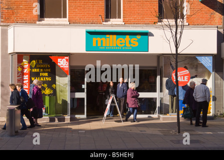Millets outdoor store in Lowestoft Suffolk Uk with people walking past Stock Photo