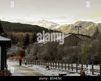 On the rail tracks, early morning snow clearance at Crianlarich Station. Looking South Stock Photo