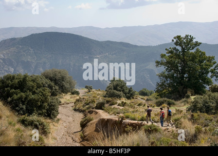 Trekkers walking along trail the La Taha valley in the Sierra Nevada mountain range Alpujarra Spain