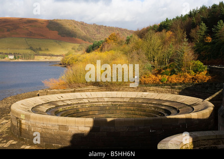 View of the Eastern Spillway at Ladybower Reservoir in the Peak District in Derbyshire Stock Photo