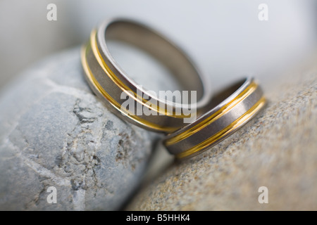 This stock photo depicts two wedding rings laying on rocks Stock Photo