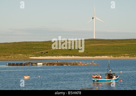 dh Weddell Sound BURRAY ORKNEY Fishing boat sea windpower seacoast windturbine energy coast scotland fish farm wind turbine