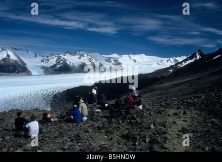 Trekkers looking at view over Grey Glacier from John Garner Pass to the Southern Patagonian Ice Field, Torres del Paine circuit, Patagonia, Chile Stock Photo