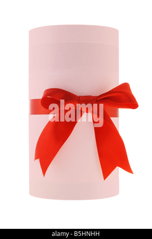 Blank cylindrical shape gift box and red bow ribbon with copy space Stock Photo