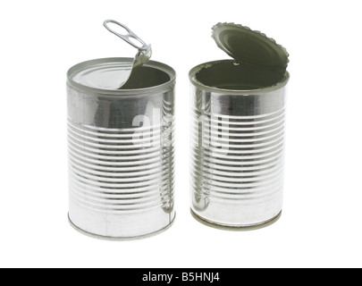 Two open tin cans on white background Stock Photo
