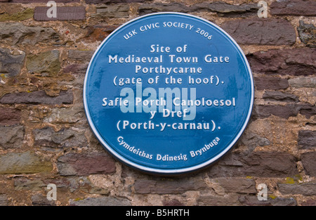 Blue Plaque showing site of mediaeval town gate in the rural market town of Usk Monmouthshire South Wales UK Stock Photo