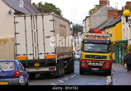 Heavy lorries passing through the rural market town of Usk Monmouthshire South Wales UK Stock Photo