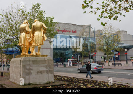 The gilded bronze statue of Matthew Boulton, James Watt and William Murdoch by William Bloye stands on a plinth of Portland stone, outside the old Register Office on Broad Street in Birmingham, England. Stock Photo