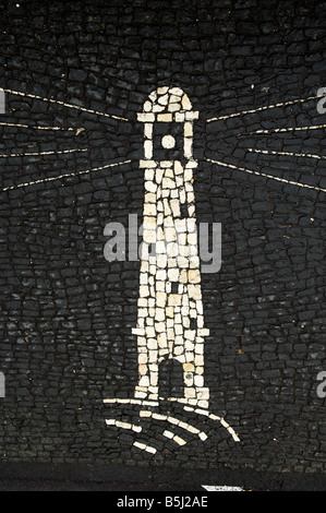 Black and white mosaic of lighthouse in city pavement of Horta on island of Faial Azores Stock Photo